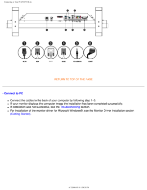 Page 92
Connecting to Your PC,DVD/VCR etc.
 
RETURN TO TOP OF THE PAGE 
- Connect to PC 
l     Connect the cables to the back of your computer by following step 1~5.
l     If your monitor displays the computer image the installation has been co\
mpleted successfully.
l     If installation was not successful, see the Troubleshooting section.
l     For installation of the monitor driver for Microsoft Windows®, see th\
e Monitor Driver Installation section 
(Getting Started)....