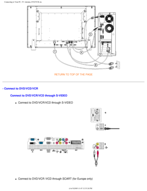 Page 109
Connecting to Your PC, TV Antenna, DVD/VCR etc.
RETURN TO TOP OF THE PAGE 
- Connect to DVD/VCD/VCRConnect to DVD/VCR/VCD through S-VIDEO
l     Connect to DVD/VCR/VCD through S-VIDEO
 
l     Connect to DVD/VCR /VCD through SCART (for Europe only)
file:///D|/My%20Documents/dfu/BDL4221V/english/420wn6/INSTALL/CONNECT.HT\
M (4 of 9)2005-11-07 12:55:26 PM 