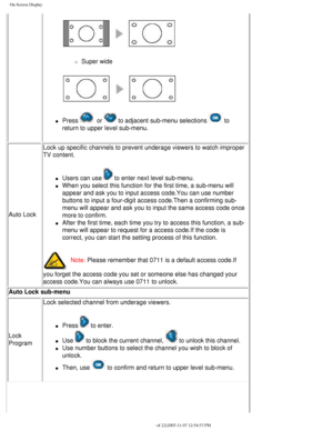 Page 30
On Screen Display
 
m     Super wide
l     Press   or  to adjacent sub-menu selections  to 
return to upper level sub-menu.
Auto Lock Lock up specific channels to prevent underage viewers to watch improper \
TV content. 
l     Users can use  to enter next level sub-menu.
l     When you select this function for the first time, a sub-menu will 
appear and ask you to input access code.You can use number 
buttons to input a four-digit access code.Then a confirming sub-
menu will appear and ask you to input...