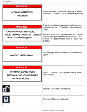 Page 65
Troubleshooting
When user sees this warning message, it means 
that the LCD Monitor TV is in adjustment process.
A warning message may appear on the screen 
indicating that the LCD Monitor TV is out of sync 
range. 
See Specifications for the Horizontal and Vertical 
frequency ranges addressable by this the LCD 
Monitor TV. Recommended mode is 1360 x 768 
@ 60Hz.
This message means that there is no video input 
signal.
The LCD Monitor TV is in a power saving mode 
(in PC mode). 
The main OSD menu is...