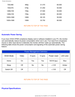 Page 10
Product Information
720x480480p31.470 60.000
720x576 576p31.250 50.000
1280x720 720p37.500 50.000
1280x720 720p45.000 60.000
1920x1080 1080i28.125 50.000
1920x1080 1080i33.750 60.000
RETURN TO TOP OF THE PAGE
Automatic Power Saving
If you have VESA DPMS compliance display card or software installed in y\
our PC, the monitor 
can automatically reduce its power consumption when not in use. If an in\
put from a keyboard, 
mouse or other input device is detected, the monitor will then wake up\...