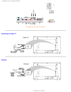 Page 111
Connecting to Your PC, TV Antenna, DVD/VCR etc.
RETURN TO TOP OF THE PAGE 
Connecting to Cable TV
Antenna
file:///D|/My%20Documents/dfu/BDL4221V/english/420wn6/INSTALL/CONNECT.HT\
M (6 of 9)2005-11-07 12:55:26 PM 