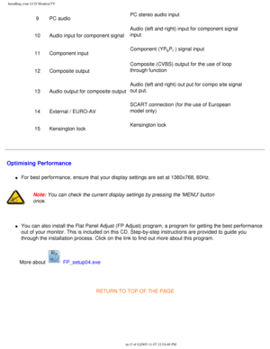 Page 20
Installing your LCD Monitor/TV
9PC audio PC stereo audio input
10 Audio input for component signal Audio (left and right) input for component signal 
input 
11 Component input Component (YP
bPr ) signal input
12 Composite output Composite (CVBS) output for the use of loop 
through function
13 Audio output for composite output Audio (left and right) out put for compo site signal 
out put. 
14 External / EURO-AV SCART connection (for the use of European 
model only)
15 Kensington lock Kensington lock...