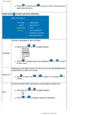 Page 32
On Screen Display
l     Press  to confirm and  to return to Zoom Type and exit to 
upper level sub-menu.
 
Install: press  to enter sub-menu selections. 
 
Language Choices of languages in user interfaces. 
l     Users can use or  to toggle between 
m     ENGLISH
m     ESPAÑOL
m     m     DEUTSCH
m     ITALIANO
m     
l     Press  to adjacent sub-menu selections  or  to return 
to main menu.
Monitor ID Assigning a three digits monitor ID to the unit, so it can be identified\
 when 
using RS232 to...