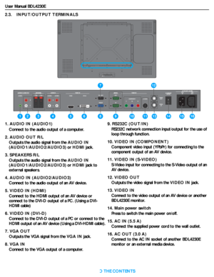 Page 15User Manual BDL4230E
RETURN TO THE CONTENTS
2.3.    INPUT/OUTPUT TERMINALS
1. AUDIO IN (AUDIO1)
Connect to the audio output of a computer.
2. AUDIO OUT R/L
Outputs the audio signal from the AUDIO IN
(AUDIO1/AUDIO2/AUDIO3)orHDMIjack.
3. SPEAKERS R/L
Outputs the audio signal from the AUDIO IN
(AUDIO1/AUDIO2/AUDIO3)orHDMIjack to 
external speakers.
4. AUDIO IN (AUDIO2/AUDIO3)
Connect to the audio output of an AV device.
5. VIDEO IN (HDMI)
Connect to the HDMI output of an AV device or 
connect to the DVI-D...