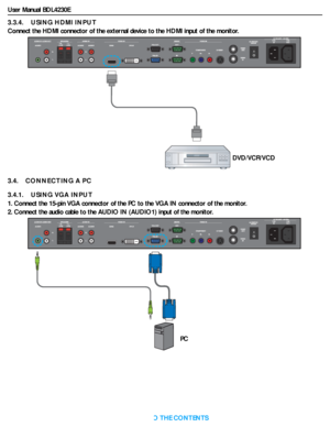 Page 21User Manual BDL4230E
RETURN TO THE CONTENTS
3.3.4.    USING HDMI INPUT
Connect the HDMI connector of the external device to the HDMI input of the monitor.
3.4.    CONNECTING A PC
3.4.1.    USING VGA INPUT
1. Connect the 15-pin VGA connector of the PC to the VGA IN connector of the monitor.
2. Connect the audio cable to the AUDIO IN (AUDIO1) input of the monitor.
DVD/VCR/VCD
PC
 