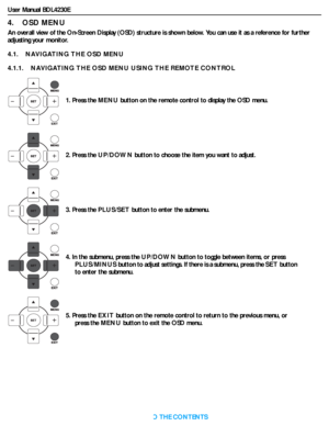 Page 25User Manual BDL4230E
RETURN TO THE CONTENTS
4.    OSD MENU
An overall view of the On-Screen Display (OSD) structure is shown below. You can use it as a reference for further 
adjusting your monitor.
4.1.    NAVIGATING THE OSD MENU
4.1.1.    NAVIGATING THE OSD MENU USING THE REMOTE CONTROL
1. Press the MENU button on the remote control to display the OSD menu.
2. Press the UP/DOWN button to choose the item you want to adjust.
3. Press the PLUS/SET button to enter the submenu.
4. In the submenu, press the...