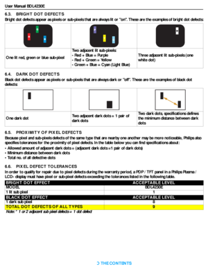 Page 43User Manual BDL4230E
RETURN TO THE CONTENTS
6.3.    BRIGHT DOT DEFECTS
Bright dot defects appear as pixels or sub-pixels that are always lit or on. These are the examples of bright dot defects:
6.4.    DARK DOT DEFECTS
Black dot defects appear as pixels or sub-pixels that are always dark or off. These are the examples of black dot 
defects:
6.5.    PROXIMITY OF PIXEL DEFECTS
Because pixel and sub-pixels defects of the same type that are nearby one another may be more noticeable, Philips also 
specifies...