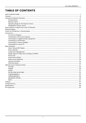 Page 2                                          User Manual BDL4251V 
 
 
1 
 
TABLE OF CONTENTS 
 
SAFETY INSTRUCTIONS ................................ .............................................................................................................................. 2 
Contents ........................................... ......................................................................................................................................... 8 
Connection & Button Overviews...