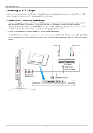 Page 23User Manual BDL4251V 
 
22 
 
Connecting to a DVD Player 
 As you finish the connection between the DVD player and the LCD monitor, you could display the contents from the played  DVD on the LCD 
monitor. You might like to refer to your DVD player’s manual for further information. 
 
Connect the LCD Monitor to a DVD Player 
   To achieve this, apply a 3x components cable (Y, Pb, Pr) with BNC connectors at one end and RCA connec tors at the other end between DVD 
player and display. In case you can only...