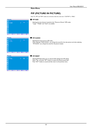 Page 34                                          User Manual BDL4251V 
 
 
33 
Main-Menu   
PIP (PICTURE IN PICTURE) 
 Note: The “PIP” and “POP” modes do not function when the screen size is “CUSTOM” or “REAL”. 
 PIP SIZE   Selecting the size of picture inserted at the “Picture-in-Picture” (PIP) mode. “Large”, “Middle” and “Small” are available. 
             
PIP AUDIO   Selecting the sound source in PIP mode. When selecting “MAIN AUDIO”, you will get the sound for the main picture and when selecting   
“PIP...