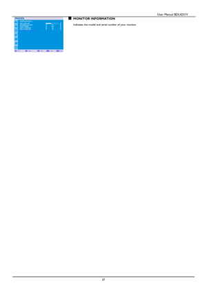 Page 38                                          User Manual BDL4251V 
 
 
37 
MONITOR INFORMATION  Indicates the model and serial number of your monitor.    
             
  