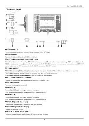 Page 12                                         User Manual BDL4631V/00 
 
 9 
 
Terminal Panel 
                                                                                                             
  
 AUDIO IN 1, 2, 3  
To input audio signal from external equipment such as a computer, VCR or DVD player.  
 AUDIO OUT  
To output the audio signal from the AUDIO IN 1,2 and 3 jack.  
 EXTERNAL CONTROL (mini D-Sub 9 pin)  
This  is  for  serial  connection  when multiple BDL4631V monitors  are  connected....