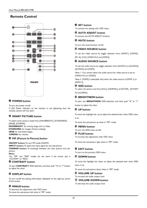 Page 13User Manual BDL4631V/00 
 10 
 
Remote Control 
     
  
 
  
 
  
 
  
 
  
 
  
 
  
 
  
 
  
 
  
 POWER button  
To turn the power on/off.  
If  LED  Power  Indicator  on  the  monitor  is  not lightening, then the remote control will not work.  
 
 SMART PICTURE button 
To select smart picture mode from [HIGHBRIGHT], [STANDARD],  
[sRGB], [CINEMA].   
HI GHBRI GHT: for moving image su ch as Vi deo 
STANDAR D: for images (Factory setting) 
sRGB: for text based images 
CINEMA: for movies. 
 PIP...