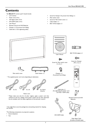 Page 10                                         User Manual BDL4631V/00 
 
 7 
 
 
 
 
 
 
 
  
 
                 Video Signal Cabl e 
  (D-SU B to D-SUB Cable) 
 
 
 
        
 
Contents 
 The  BD L4631V monitor pack* should include: 
•   LC D monitor 
•   Power cord (1.8 m) 
•   VGA Signal Ca ble (1.8 m) 
•   DVI-HDMI Cable (1.8 m) 
•   User Man ual 
•   Remote Control and AAA Batteries 
•   Clamper x 2 (To prevent from falling) 
•   Cable belt x 3 (For tightening cables) 
 •   Screw for Clamper (To prev ent...