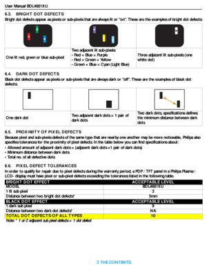 Page 43User Manual BDL4681XU
RETURN TO THE CONTENTS
6.3.    BRIGHT DOT DEFECTS
Bright dot defects appear as pixels or sub-pixels that are always lit or on. These are the examples of bright dot defects:
6.4.    DARK DOT DEFECTS
Black dot defects appear as pixels or sub-pixels that are always dark or off. These are the examples of black dot 
defects:
6.5.    PROXIMITY OF PIXEL DEFECTS
Because pixel and sub-pixels defects of the same type that are nearby one another may be more noticeable, Philips also 
specifies...