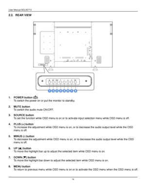 Page 15User Manual BDL5571V 
 14 
2.2. REAR VIEW 
 
 
 
1. POWER button () 
To switch the power on or put the monitor to standby. 
 
2. MUTE button 
To switch the audio mute ON/OFF. 
 
3. SOURCE button 
To set the function while OSD menu is on or to activate input selection menu while OSD menu is off. 
 
4. PLUS (+) button 
To increase the adjustment while OSD menu is on, or to decrease the audio output level while the OSD 
menu is off. 
 
5. MINUS (-) button 
To decrease the adjustment while OSD menu is on, or...