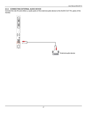 Page 28User Manual BDL5571V 
 27 
3.5.2. CONNECTING EXTERNAL AUDIO DEVICE 
Connect the red (R) and white (L) audio jacks of the external audio device to the AUDIO OUT R/L jacks of the 
monitor. 
 
 
 
External audio device 
 