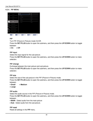 Page 39User Manual BDL5571V 
 38 
4.2.4. PIP MENU 
 
 
 
 
PIP 
Turn PIP (Picture-in-Picture) mode On/Off. 
Press the SET/PLUS button to open the submenu, and then press the UP/DOWN button to toggle 
between  
 On  Off 
 
PIP input 
Select the input signal for the sub-picture. 
Press the SET/PLUS button to open the submenu, and then press the UP/DOWN button to make 
selection. 
 
PIP change 
Exchange between the main picture and sub picture. 
Press the SET/PLUS button to open the submenu, and then press the...