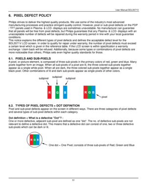 Page 52User Manual BDL5571V 
 51 
6. PIXEL DEFECT POLICY 
 
Philips strives to deliver the highest quality products. We use some of the industrys most advanced 
manufacturing processes and practice stringent quality control. However, pixel or sub-pixel defects on the PDP 
/ TFT panels used in Plasma- & LCD- displays are sometimes unavoidable. No manufacturer can guarantee 
that all panels will be free from pixel defects, but Philips guarantees that any Plasma- & LCD- displays with an 
unacceptable number of...