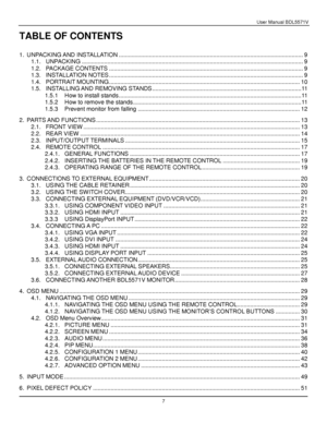 Page 8User Manual BDL5571V 
 7 
TABLE OF CONTENTS 
 
1. UNPACKING AND INSTALLATION ................................................................................................................... 9 
1.1. UNPACKING .......................................................................................................................................... 9 
1.2. PACKAGE CONTENTS ......................................................................................................................... 9 
1.3....