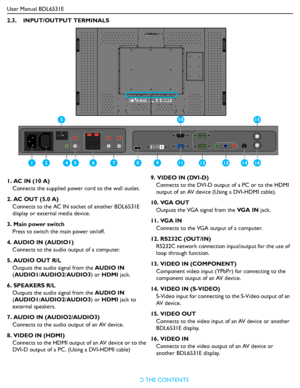 Page 15User Manual BDL6531E
RETURN TO THE CONTENTS
2.3.    INPUT/OUTPUT TERMINALS
1. AC IN (10 A)
Connects the supplied power cord to the wall outlet.
2. AC OUT (5.0 A)
Connects to the AC IN socket of another BDL6531E 
display or external media device.
3. Main power switch
Press to switch the main power on/off.
4. AUDIO IN (AUDIO1)
Connects to the audio output of a computer.
5. AUDIO OUT R/L
Outputs the audio signal from the AUDIO IN 
(AUDIO1/AUDIO2/AUDIO3) or HDMI jack.
6. SPEAKERS R/L
Outputs the audio signal...