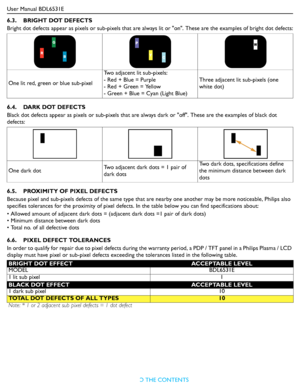 Page 45User Manual BDL6531E
RETURN TO THE CONTENTS
6.3.    BRIGHT DOT DEFECTS
Bright dot defects appear as pixels or sub-pixels that are always lit or on. These are the examples of bright dot defects:
6.4.    DARK DOT DEFECTS
Black dot defects appear as pixels or sub-pixels that are always dark or off. These are the examples of black dot 
defects:
6.5.    PROXIMITY OF PIXEL DEFECTS
Because pixel and sub-pixels defects of the same type that are nearby one another may be more noticeable, Philips also 
specifies...