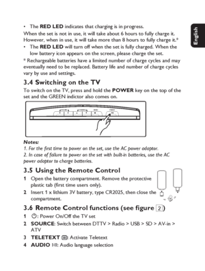 Page 1313
English Français Español Deutsch
Netherlands
Italiano Svenska Dansk
The RED LED indicates that charging is in progress.
When the set is not in use, it will take about 6 hours to fully charge it. 
However, when in use, it will take more than 8 hours to fully charge it.*
The RED LED will turn off when the set is fully charged. When the 
low battery icon appears on the screen, please charge the set.
* Rechargeable batteries have a limited number of charge cycles and may 
eventually need to be replaced....