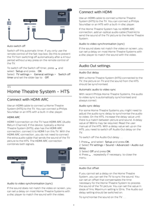 Page 9Auto switch off    
Switch off this automatic timer, if you only use the
remote control of the Set-top box. Do this to prevent
the TV from switching off automatically after a 4 hour
period without a key press on the remote control of
the TV.
To switch off the Switch off timer, press 
  and
select  Setup  and press  OK .
Select  TV settings  >  General settings  >  Switch off
timer  and set the slider bar to  Off .
3.5
Home Theatre System - HTS
Connect with HDMI ARC
Use an HDMI cable to connect a Home...
