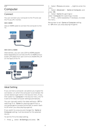 Page 234.17
Computer
Connect
You can connect your computer to the TV and use
the TV as a PC monitor.
With HDMI    
Use an HDMI cable to connect the computer to the
TV.
With DVI to HDMI    
Alternatively, you can use a DVI to HDMI adapter
(sold separately) to connect the PC to HDMI and an
audio L/R cable (mini-jack 3.5mm) to AUDIO IN L/R
on the back of the TV.
Ideal Setting
If you connect a computer, we advice you to give the
connection, on which the computer is connected, the
correct device type name in the...