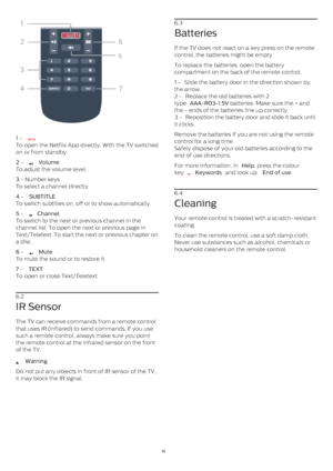 Page 261  - 

To open the Netflix App directly. With the TV switched
on or from standby.
2  - 
  Volume
To adjust the volume level.
3  - Number keys
To select a channel directly.
4  -  SUBTITLE
To switch subtitles on, off or to show automatically.
5  - 
  Channel
To switch to the next or previous channel in the
channel list. To open the next or previous page in
Text/Teletext. To start the next or previous chapter on
a disc.
6  - 
  Mute
To mute the sound or to restore it.
7  -  TEXT
To open or close...