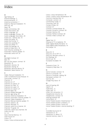 Page 89Index
A
Age Rating   28
Android Settings   11
Announcements   77
Antenna connection   7
Antenna, Manual Installation   75
APP lock   48
Apps   46
Audio commentary   69
Audio Description   69
Audio Language   29
Audio Language, Primary   29
Audio Language, Secondary   29
Audio Out - Optical, tips   14
Audio Out Delay   16
Audio Out Format   17
Audio Out Levelling   17
Audio Out Offset   17
Audio Out Settings   16
Audio to Video Sync   16
Auto Volume Levelling   61
Automatic Channel Update   73
Automatic...