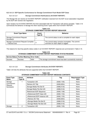 Page 32 
4.2.1.4.1.3 SOP Specific Conformance for Storage Commitment Push Model SOP Class  
4.2.1.4.1.3.1  Storage Commitment Notifications (N -EVENT -REPORT)  
The Storage AE can receive an N -EVENT -REPORT notification received from the SCP via an  association requested 
by the SCP with reverse- role negotiation.  
Upon receipt of an N -EVENT -REPORT the timer associated with the Transaction UID will be canceled.  Table  4.18  
summarizes the behavior of Storage AE when receiving Event Types within the N...