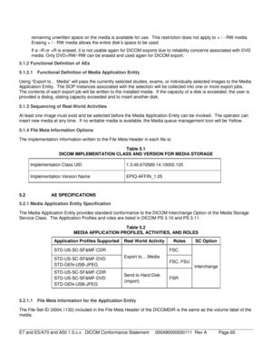 Page 65 remaining unwritten space on the media is available for use.  This restriction does not apply to + / -  RW media.  
Erasing + / -  RW media allows  the entire disk’s space to be used.  
If a – R or +R is erased, it is not usable again for DICOM exports due to reliability concerns associated with DVD 
media. Only DVD+RW/ -RW can be erased and used again for DICOM export.  
5.1.2  Functional Definition of AEs  
5.1.2.1  Functio nal Definition of Media Application Entity  
Using “ Export to… Media” will...