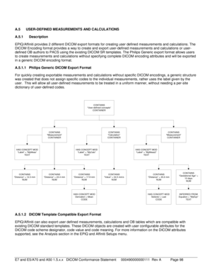 Page 98 
A.5  USER -DEFINED MEASUREMENTS  AND CALCULATIONS 
A.5.1  Description  
EPIQ/Affiniti  provides 2 different DICOM  export formats for creating  user defined  measurements and calculations. The 
DICOM Encoding  format provides a way to create and export user -defined measurements and calculations or user -
defined OB  authors to PACS using the existing DICOM SR templates. The P hilips Generic export format allows users 
to create measurements and calculations without specifying complete DICOM encoding...