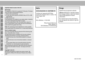 Page 22
3139 116 19161
Deutsch¶ììèîéëÀ  Suomi Dansk Svenska Italiano Nederlands Espa–ol
 English
Important notes for users in the U.K.
Mains plug
This apparatus is fitted with an approved 13 Amp plug. To change a
fuse in this type of plug proceed as follows:
1Remove fuse cover and fuse.
2Fix new fuse which should be a BS1362 5 Amp, A.S.T.A. or BSI
approved type.
3Refit the fuse cover.
If the fitted plug is not suitable for your socket outlets, it should be
cut off and an appropriate plug fitted in its place....