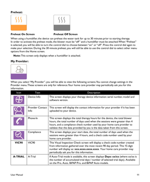 Page 1311
Preheat:
  
Preheat On Screen Preheat Off Screen
When using a humidifier, the device can preheat the water tank for up to 30 minutes prior to starting therapy.
In order to activate the preheat mode, the blower must be “off ” and a humidifier must be attached. When “Preheat” 
is selected, you will be able to turn the control dial to choose between “on” or “off ”. Press the control dial again to 
make your selection. During the 30 minute preheat, you will still be able to use the control dial to select...