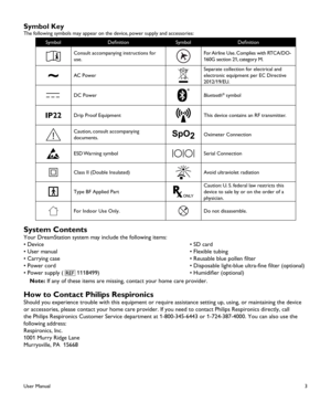 Page 53
Symbol KeyThe following symbols may appear on the device, power supply and accessories:
SymbolDefinitionSymbolDefinition
Consult accompanying instructions for use.For Airline Use. Complies with RTCA/DO-160G section 21, category M.
AC PowerSeparate collection for electrical and electronic equipment per EC Directive 2012/19/EU.
DC PowerBluetooth® symbol
IP22Drip Proof EquipmentThis device contains an RF transmitter.
Caution, consult accompanying documents.Oximeter Connection
ESD Warning symbolSerial...