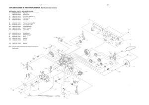 Page 129-11
9-11
TAPE MECHANISM B - RECORD/PLAYBACK (Non-Autoreverse version)
MECHANICAL PARTS - REC/PB MECHANISM
1 9965 000 02313 Play Head
3 9965 000 02600 Head, Erase
12 4822 402 10972 Pinch Arm Assembly R
23 9965 000 02314 Coil Assembly
25 9965 000 06443 Cam Gear
32 4822 528 11209 Flywheel Assembly RV
44-2 9965 000 02317 Flex Socket 14 Pin
44-3 9965 000 02320 Photo Interrupter
44-4 4822 050 16801 680R 1% 0,4W
44-6 9965 000 02318 Leaf Switch
44-7 9965 000 02319 Mode Switch
59 9965 000 02719 Belt BF (Large)...