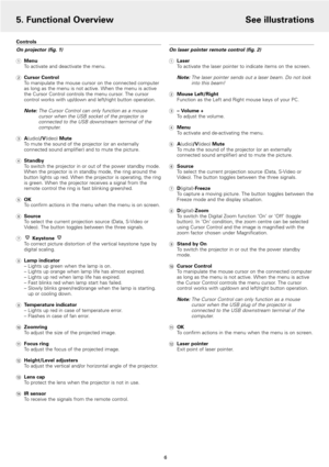 Page 6Controls
On projector (fig. 1)
1Menu
To activate and deactivate the menu.
2Cursor Control
To manipulate the mouse cursor on the connected computer
as long as the menu is not active. When the menu is active
the Cursor Control controls the menu cursor. The cursor
control works with up/down and left/right button operation.
Note: The Cursor Control can only function as a mouse
cursor when the USB socket of the projector is
connected to the USB downstream terminal of the
computer.
3A(udio)/V(ideo)Mute
To mute...