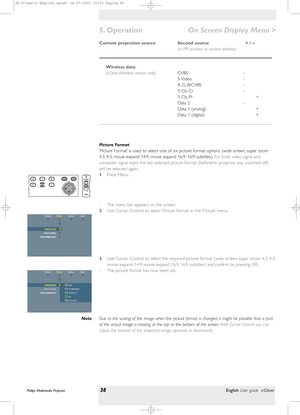 Page 38Current projection source Second source + / –
(in PIP window or second window)
Wireless data
(cClear Wireless version only)CVBS –
S-Video –
R, G, B/CVBS –
Y, C b , C r –
Y, C b , P r +
Data 2 –
Data 1 (analog) +
Data 1 (digital) +
Picture Format
‘Picture Format’ is used to select one of six picture format options (wide screen, super zoom
4:3, 4:3, movie expand 14:9, movie expand 16:9, 16:9 subtitles).For both video signal and
computer signal input the last selected picture format (beforethe projector was...