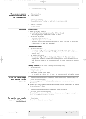 Page 46– Distance is too large.
•Reduce distance.
– Batteries are exhausted.
•Replace batteries (see ‘Inser ting the batteries in the remote control’).
– IR sensor is obstructed.
•Remove obstacle.
Lamp indicator
– green: normal lamp condition.
– orange: lamp life has almost expired (less than 100 hours to go).
•See warning messages on the star t up screen for details.
– red: lamp life has expired.
•Replace lamp. See ‘Maintenance’.
– red (fast blinking): lamp star t has failed.
•Disconnect projector from the...