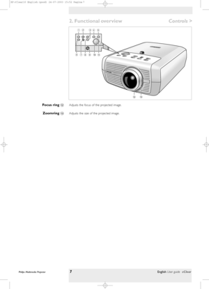 Page 7Adjusts the focus of the projected image.
Adjusts the size of the projected image.Focus ring @
Zoomring #
2. Functional overview
Philips Multimedia Projector7English User guide cClear 
Controls>
@# 0 45
Menu OK AV
MuteSource
Stand
byLamp
Te m pMenu OK AV
MuteSource
Stand
byLamp
Temp
	
 




XP cClear10  English (good)  24-07-2003  15:52  Pagina 7 