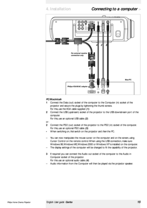 Page 15>
PC/Macintosh
1Connect the Data (out) socket of the computer to the Computer (in) socket of the
projector and secure the plugs by tightening the thumb screws.
For this, use the VGA cable supplied (1).
2Connect the USB (upstream) socket of the projector to the USB downstream por t of the
computer.
For this, use an optional USB cable (2).
or :
2Connect the PS/2 (out) socket of the projector to the PS/2 (in) socket of the computer.
For this, use an optional PS/2 cable (3).
•When switching on,firstswitch on...