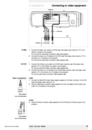 Page 12>
1Connect the Video (out) socket of a VCR, Laser Disc player, video camera or TV to the
Video (in) socket of the projector.
For this, use the video/audio connection cable (1a) supplied.
2Connect the Audio out L/R sockets of the VCR, Laser Disc player, video camera or TV to
the Audio (in) L/R sockets of the projector.
For this, use the audio/video connection cable supplied (1b).
1Connect the S-Video (out) socket of a S-VHS video recorder, Laser Disc player, video
camera or TV to the S-Video (in) socket...