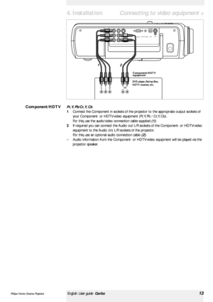 Page 13>
Pr, Y, Pb/Cr, Y, Cb
1Connect the Component in sockets of the projector to the appropriate output sockets of
your Component- or HDTV-video equipment (Pr, Y, Pb / Cr, Y, Cb).
For this, use the audio/video connection cable supplied(1).
2If required you can connect the Audio out L/R sockets of the Component- or HDTV-video
equipment to the Audio (in) L/R sockets of the projector.
For this, use an optional audio connection cable (2).
–Audio information from the Component- or HDTV-video equipment will be...