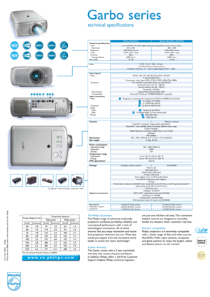 Page 2Image diagonal sizeProjection distance
Tele zoom Wide zoom
[inch]
40
60
70
80
100
150
200
250[metres]
1,0
1,5
1,8
2,0
2,5
3,8
5,1
6,4[inch]
75
114
191
286
381
477 133
153[inch]
62
155
233
310
388108
12393 [metres]
1,9
2,9
3,4
3,9
4,8
7,3
9,7
12,1[metres]
1,6
2,4
2,7
3,1
3,9
5,9
7,9
9,8
3122 435 95891     02/08 
Check with your Philips dealer and/or warranty card for more details.
Garbo series
technical specifications
The Philips Guarantee 
The Philips range of advanced multimedia
projectors combines...