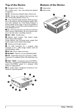 Page 66Philips · PPX1430
Top of the Device
‚—Navigation keys / OK key
à—Confirm entry / start, stop video/music playback
or slideshow.
¡/¢—During music playback adjust volume level
À/Á—During music playback select previous, next
title / during video playback review, cue 
ƒ—Focus wheel for image sharpness. Please pay atten-
tion to the distance from the projection surface. Mini-
mum 0,2m maximum 3m. If the Pocket Projector is
located outside of this range, it will not be possible to
focus the image. Turn the...