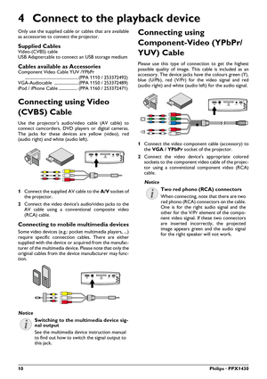 Page 1010Philips · PPX1430
4 Connect to the playback device
Only use the supplied cable or cables that are available
as accessories to connect the projector.
Supplied CablesVideo-(CVBS) cable 
USB Adaptercable to connect an USB storage medium
Cables available as AccessoriesComponent Video Cable YUV /YPbPr 
................................................. (PPA 1110 / 253372492)
VGA-Audiocable ...................... (PPA 1150 / 253372489)
iPod / iPhone Cable ................. (PPA 1160 / 253372471)
Connecting...