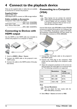 Page 1212Philips · PPX2450 · 2480
4 Connect to the playback device
Only use the supplied cable or cables that are available
as accessories to connect the projector.
Supplied CablesVideo-(CVBS) cable
USB Adaptercable to connect an USB storage medium
Cables available as AccessoriesComponent Video Cable YUV /YPbPr 
................................................. (PPA 1210 / 253447083)
VGA-Audio Cable .................... (PPA 1250 / 253447070)
iPod / iPhone /iPad Cable...